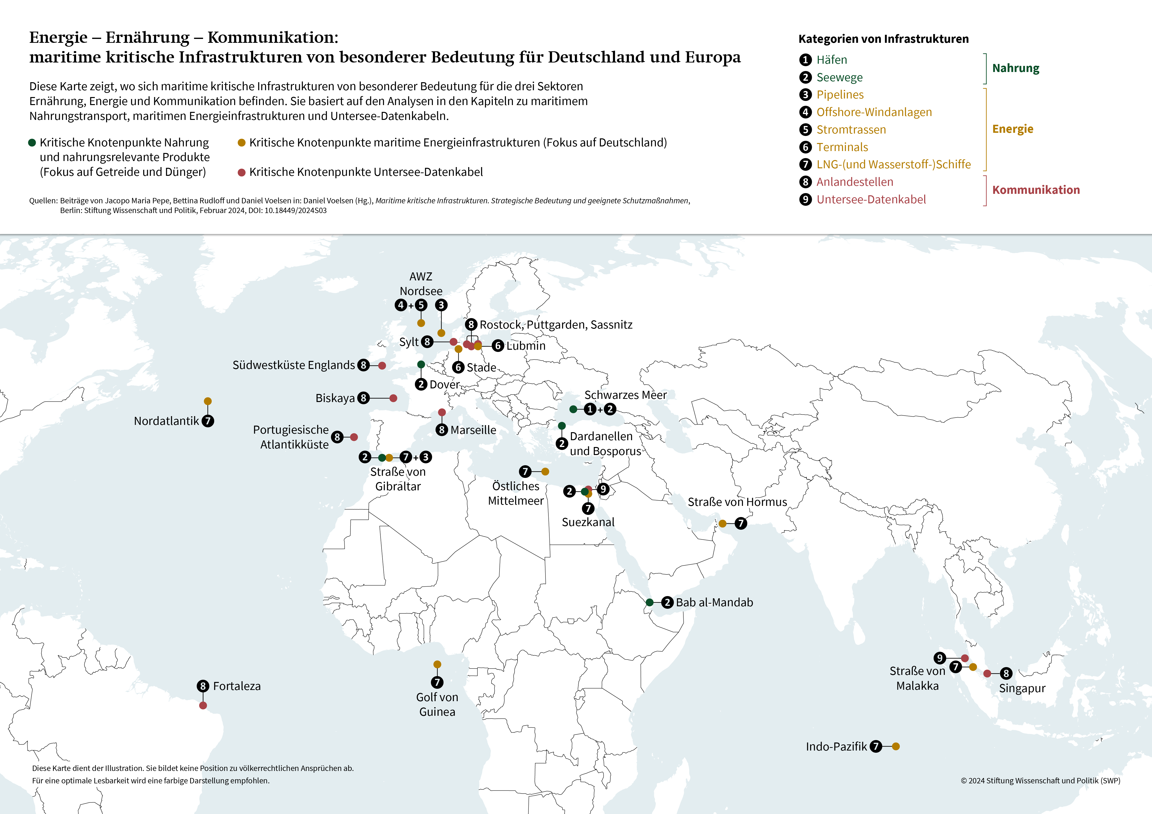 Karte: Maritime kritische Infrastrukturen von besonderer Bedeutung für Deutschland und Europa