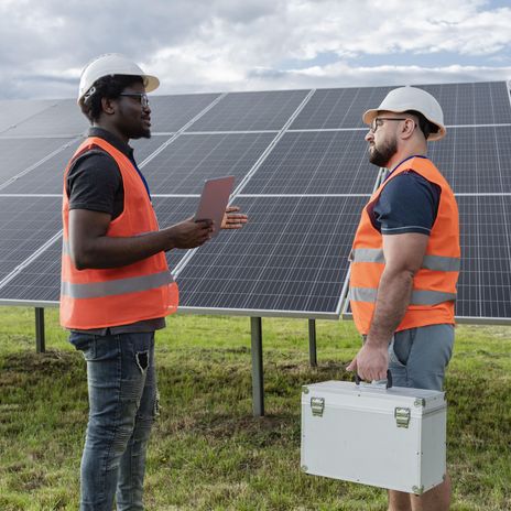 Ingenieur, der mit einem Kollegen an einer Solarstation diskutiert