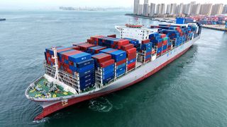 A cargo ship with containers in front of a city skyline