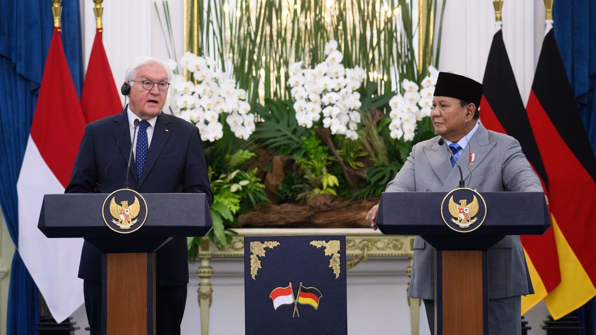 Bundespräsident und Präsident von Indonesien an Rednerpult vor Flaggen