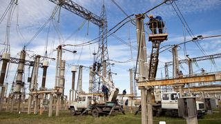 The Pobeda substation in the Lugansk region, Ukraine, during routine maintenance of a high-voltage line.