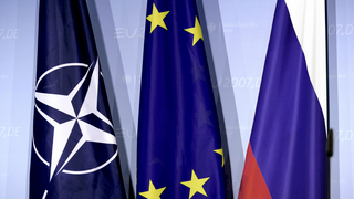 Flag of NATO, the European Union and Russia. 