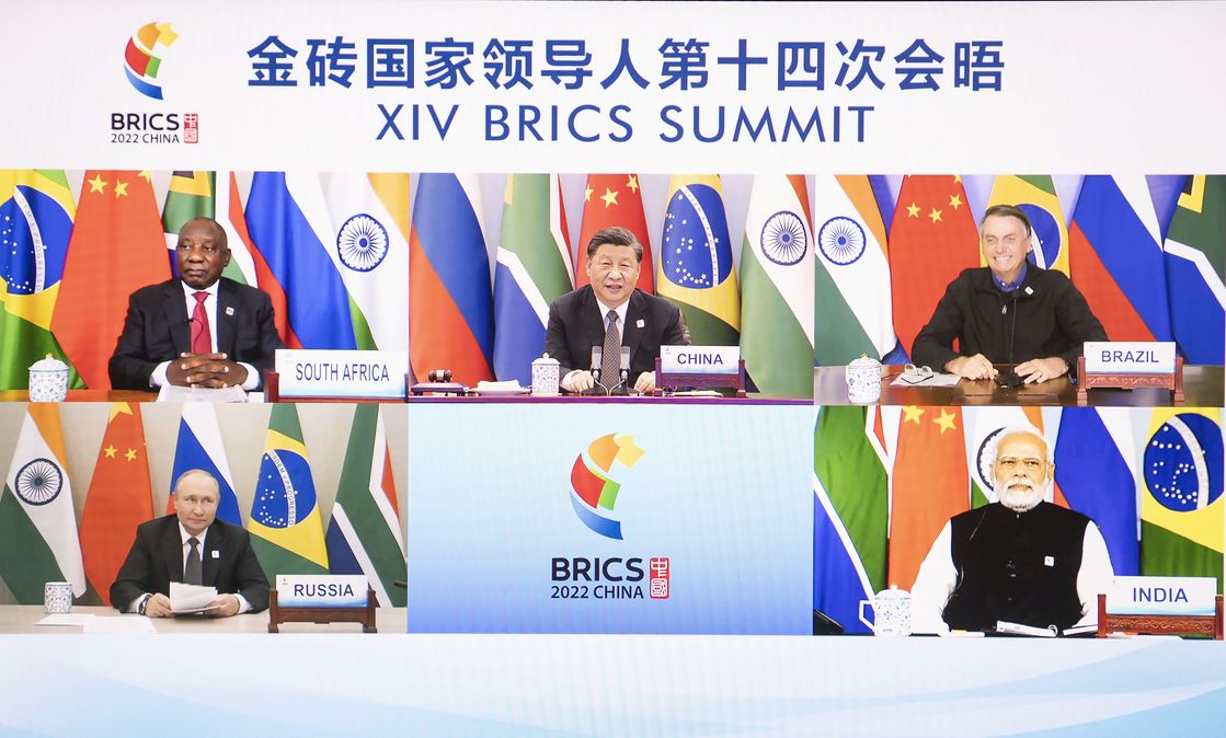 Die fünf BRICS-Staats- und -Regierungschefs bei ihrem virtuellen Gipfel am 23. Juni 2022