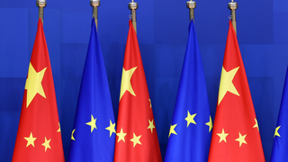 European Union and Chinese flags during the EU-China Summit on April 01, 2022