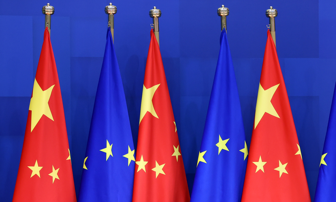European Union and Chinese flags during the EU-China Summit on April 01, 2022