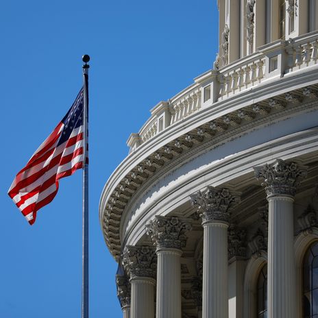 An American flag is seen in front of the US Capitol building in Washington D.C., United States