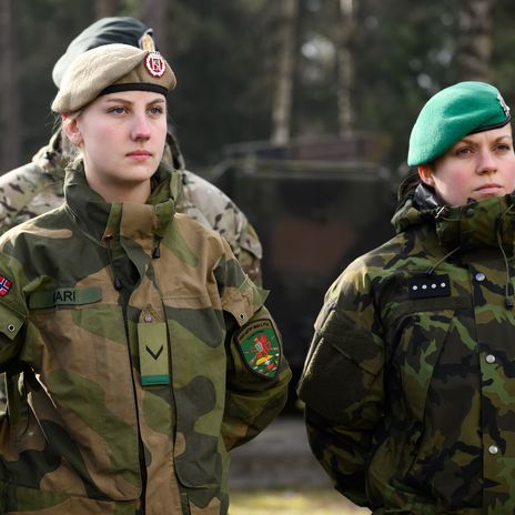 Eine norwegische und eine tschechische Soldatin beim Besuch des deutschen Bundespräsidenten Steinmeier im Baltikum