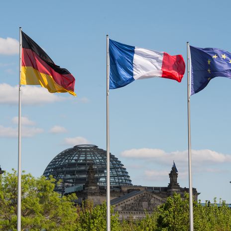 The flags of Germany, France and the European Union with the view of the Reichstag