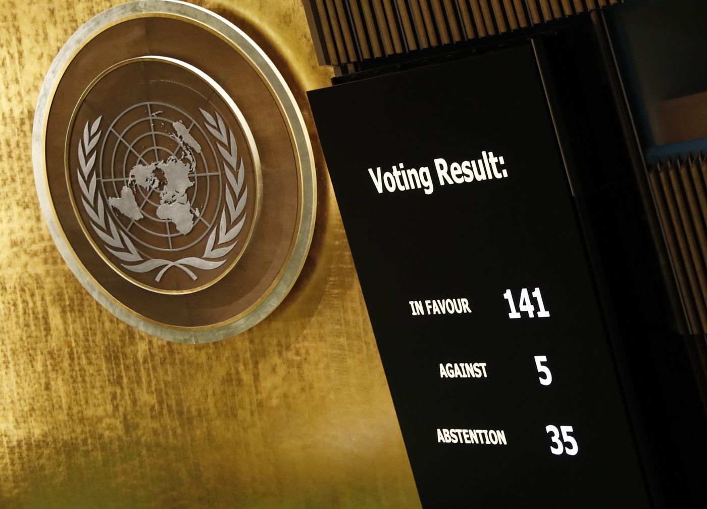 The results of the vote on a resolution condemning Russia for the violence in Ukraine.