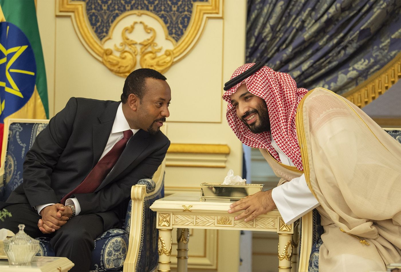 Crown Prince Mohammad bin Salman chats with Ethiopia's Prime Minister Abiy Ahmed at the signing of the 2018 peace agreement between Eritrea and Ethiopia. 