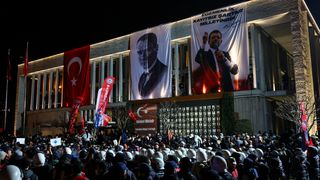 March 26, 2025: People protest against the arrest of Istanbul Mayor Ekrem İmamoğlu in front of the Istanbul Metropolitan Municipality building.