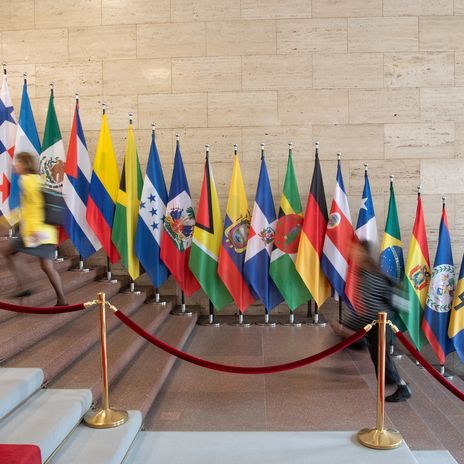 Flaggen stehen während der Lateinamerika- und Karibik-Konferenz im Auswärtigen Amt.
