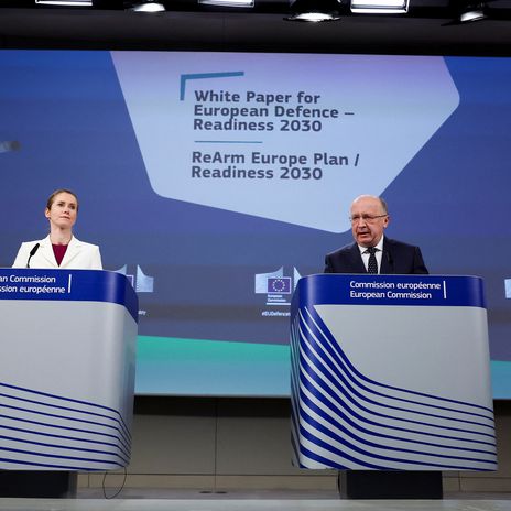 High Representative for Foreign Affairs and Security Policy and Vice-President of the European Commission Kaja Kallas and European Commissioner for Defense and Space Andrius Kubilius present the white paper on the future of European defence, in Brussels, Belgium March 19, 2025. 