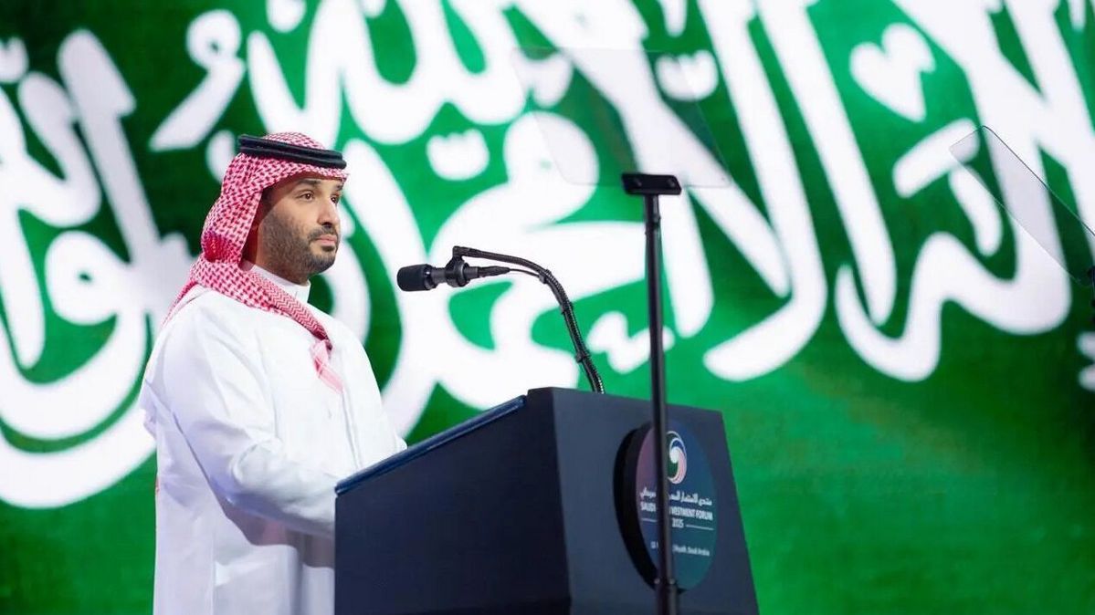 Crown Prince of Saudi Arabia at a speakers desk