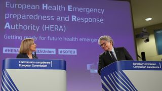 EU Commissioner Thierry Breton and EU Commissioner Stella Kyriakides at the press conference on the new European authority HERA