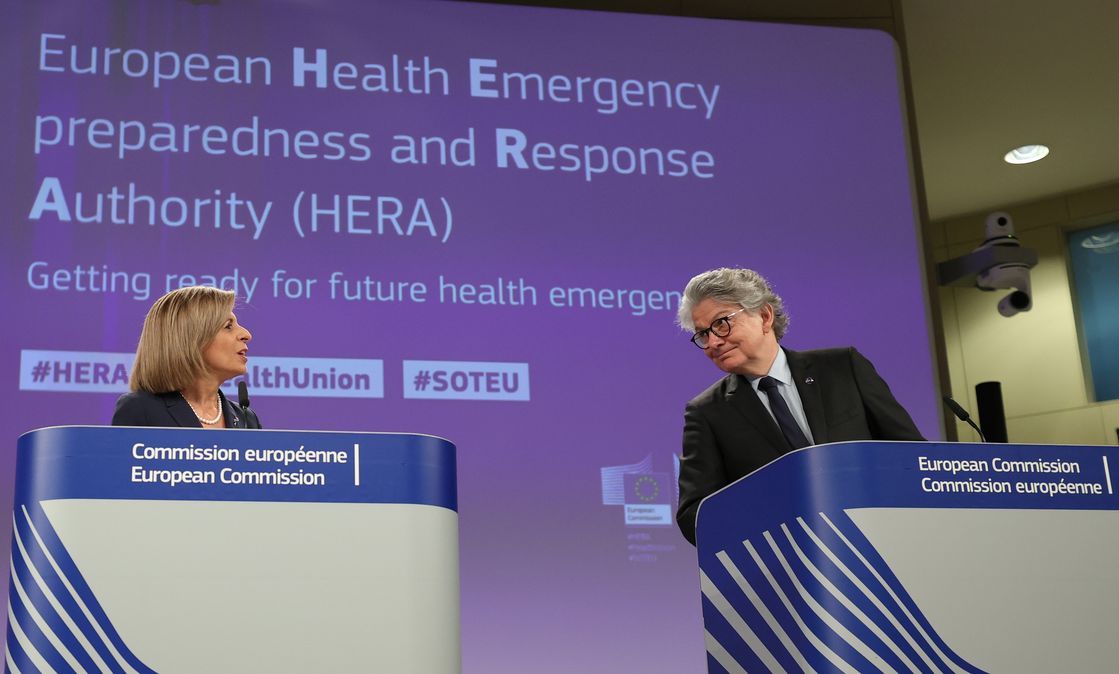 EU Commissioner Thierry Breton and EU Commissioner Stella Kyriakides at the press conference on the new European authority HERA