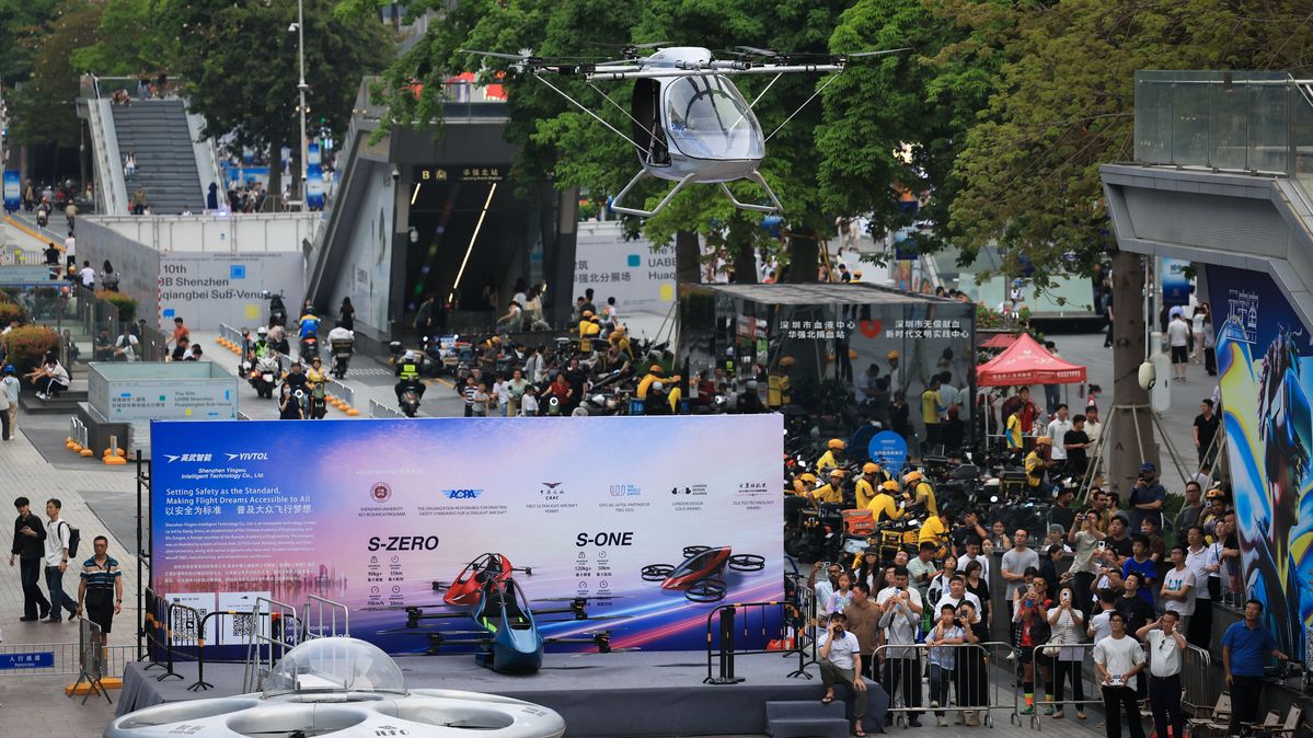 Demo flight of an eVTOL (electric Vertical Take-Off and Landing) in Shenzhen, a major Chinese tech hub (stock photo)