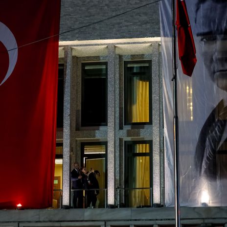 Istanbul Metropolitan Municipality Mayor Ekrem Imamoglu greets the people in Sarachane Square after his election victory.