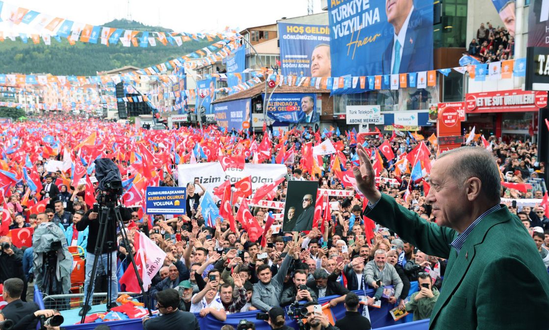 Turkish President Recep Tayyip Erdogan addresses the crowd during election rally in Ankara.