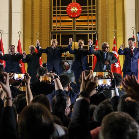 President Recep Tayyip Erdoğan addresses his supporters in front of the Presidential Palace as preliminary poll figures place him with more than 52 per cent ahead of his rival Kemal Kılıçdaroğlu during the 2023 Turkish presidential election.