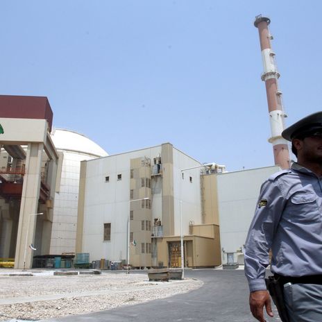 Ein Sicherheitsbeamter steht vor dem Atomkraftwerk in Bushehr im Iran.