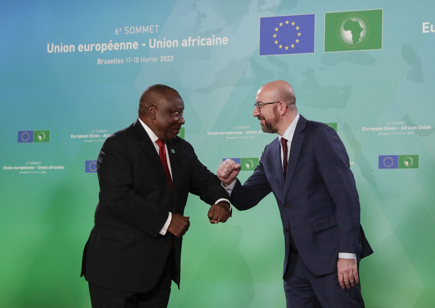 Brussels, 2022: Charles Michel greets Cyril Ramaphosa at EU-AU Summit.
