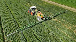 Ein Traktor fährt über ein grünes Feld mit einer Spritzmaschine.