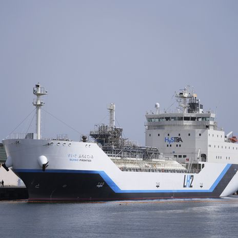 The Suiso Frontier, a liquefied hydrogen carrier, is docked at a pier in Otaru, northern Japan, Friday, April 14, 2023.
