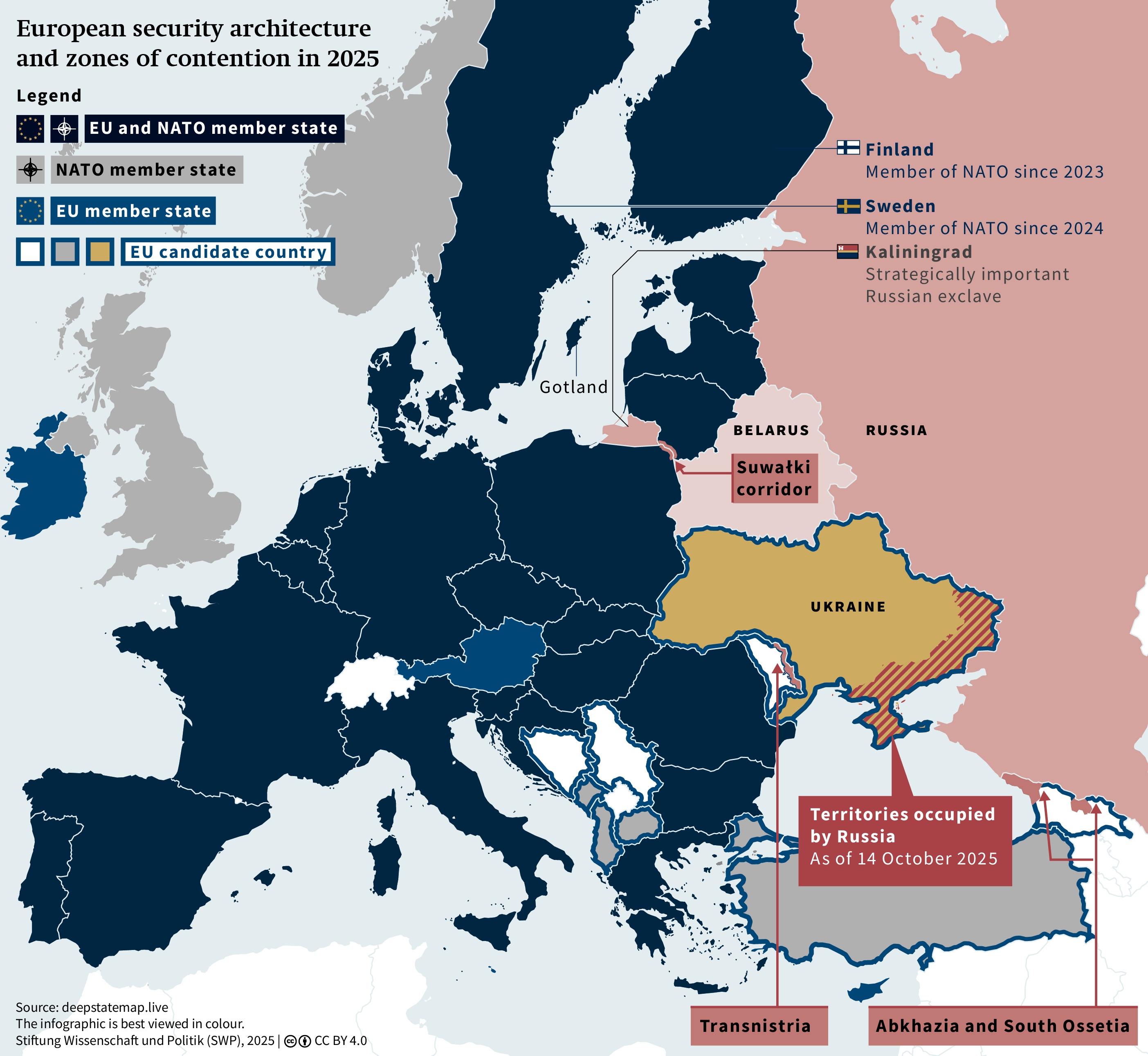 Map: European security architecture and zones of contention in 2025